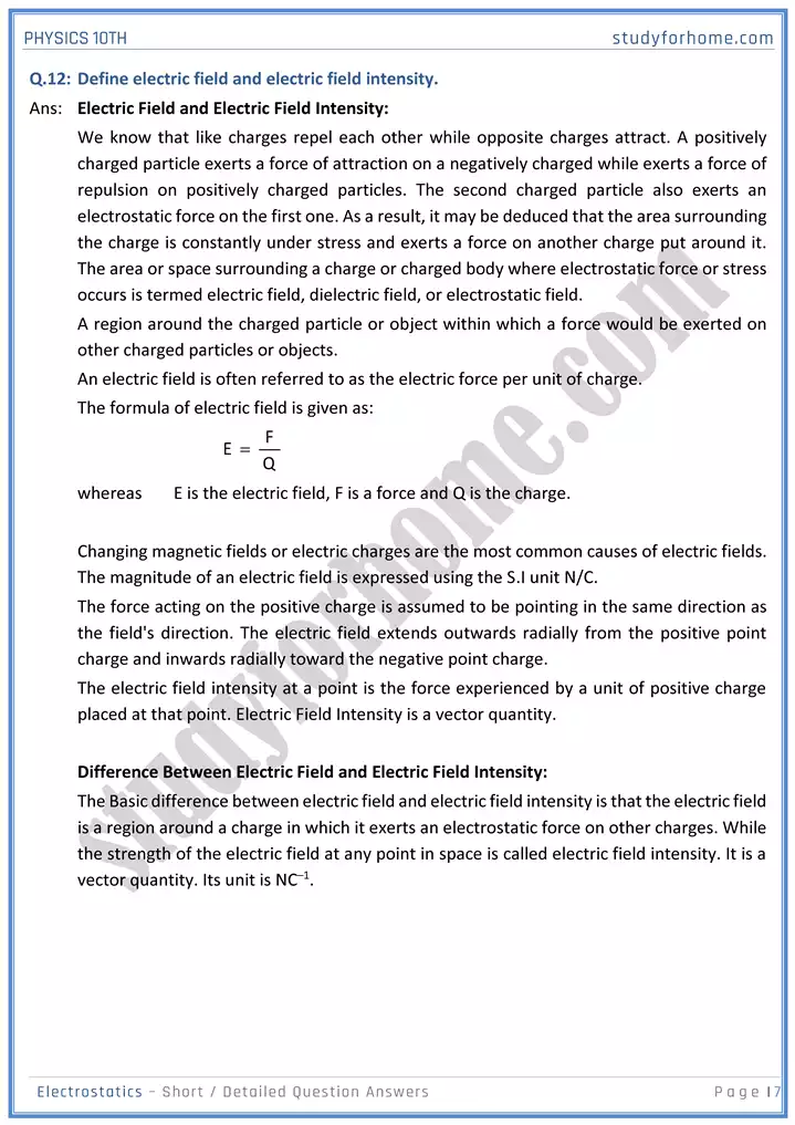 chapter 14 electrostatic short and detailed question answers physics 10th 07