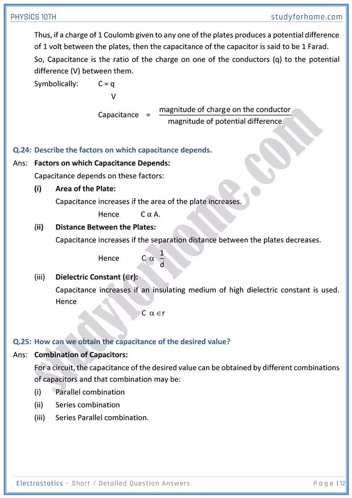 chapter 14 electrostatic short and detailed question answers physics 10th 12