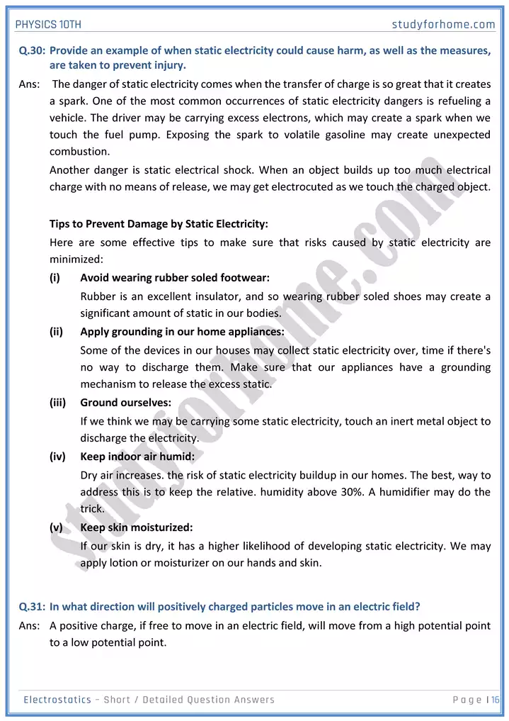 chapter 14 electrostatic short and detailed question answers physics 10th 16