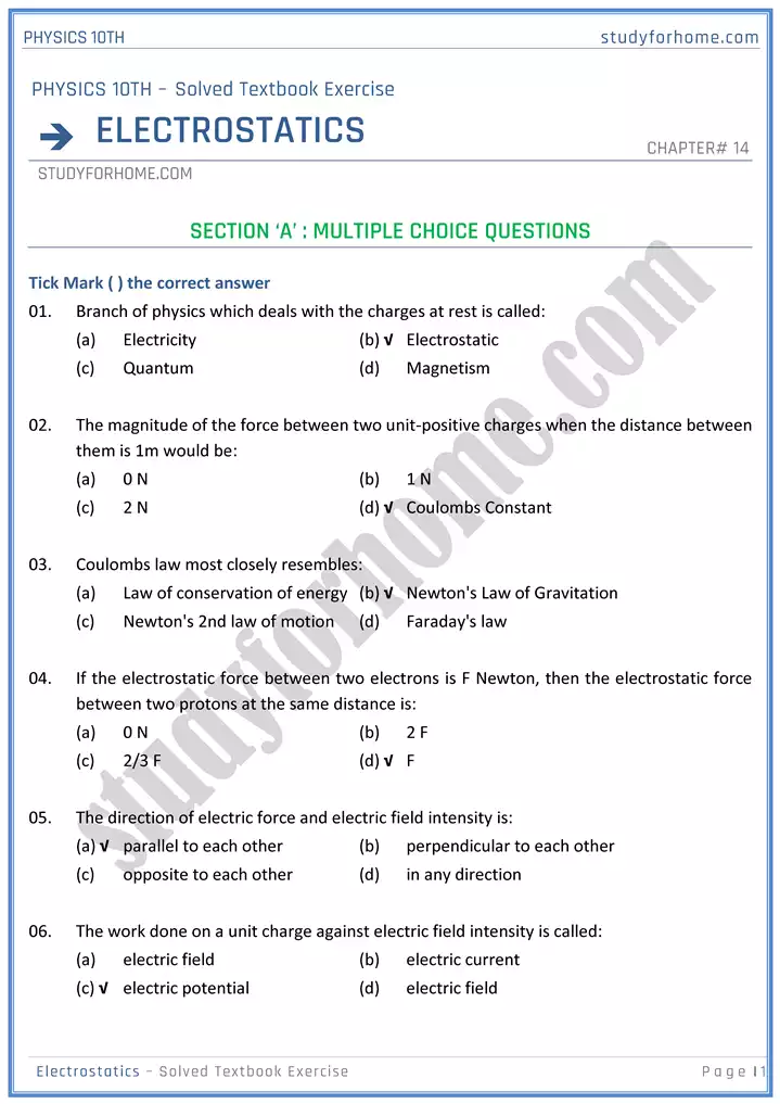 chapter 14 electrostatic solution of textbook exercise physics 10th 01