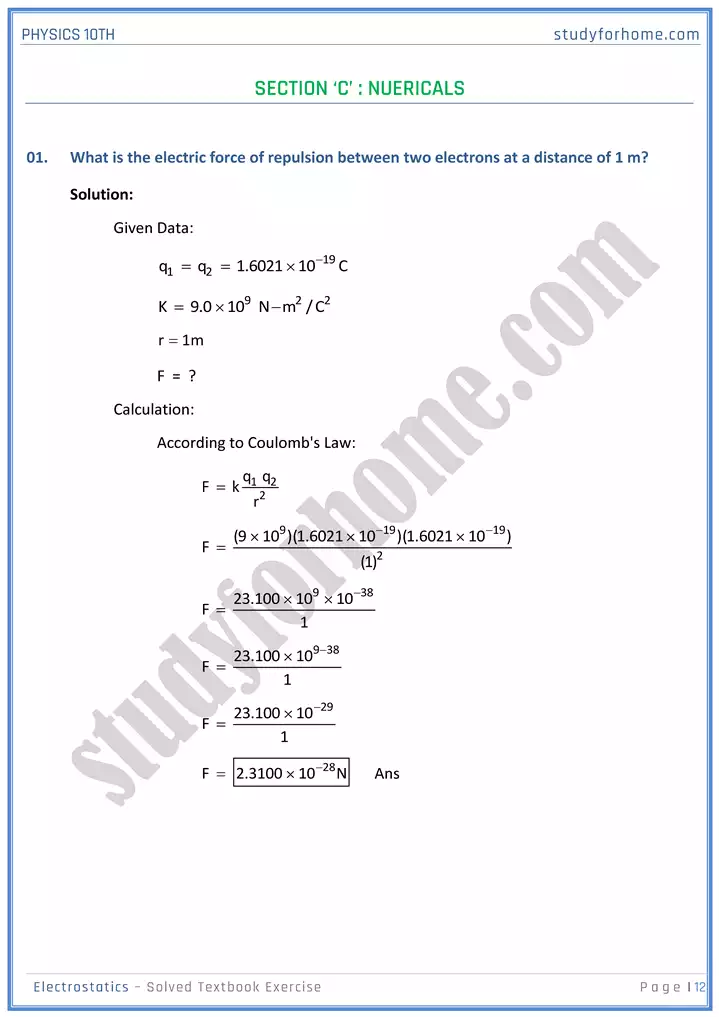 chapter 14 electrostatic solution of textbook exercise physics 10th 12