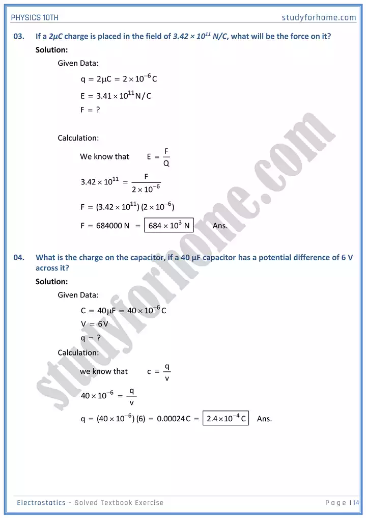 chapter 14 electrostatic solution of textbook exercise physics 10th 14