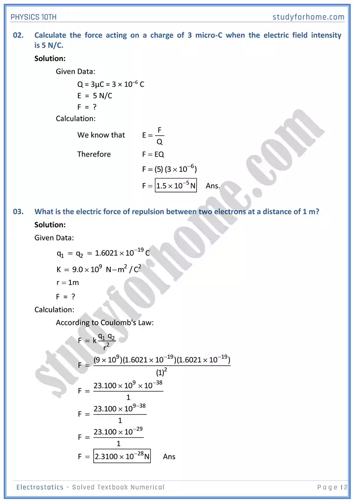 chapter 14 electrostatic solved textbook numericals physics 10th 02