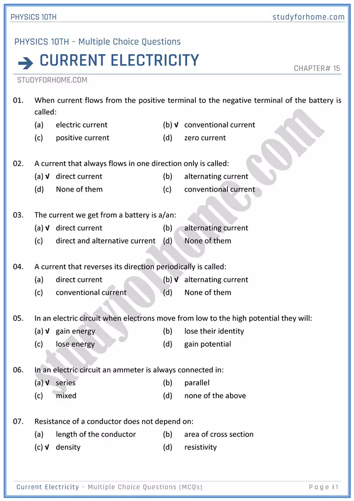 Current Electricity Mcqs Physics 10th