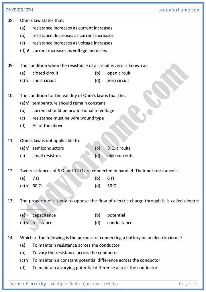 chapter 15 current electricity multiple choice questions physics 10th 02