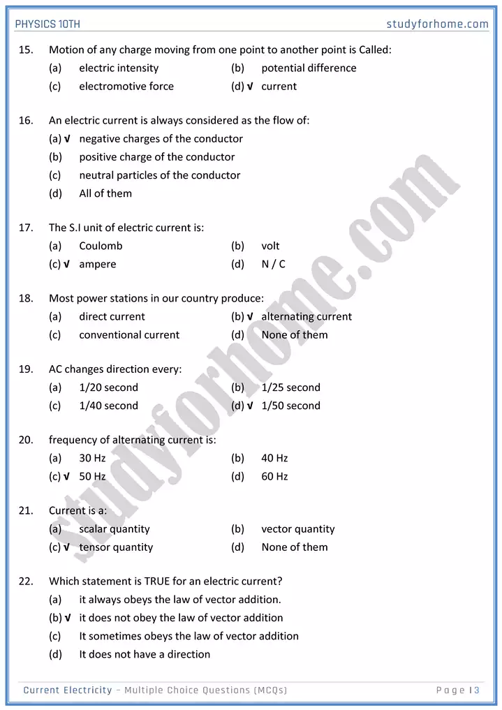 chapter 15 current electricity multiple choice questions physics 10th 03