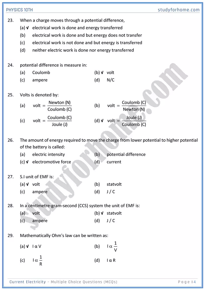 chapter 15 current electricity multiple choice questions physics 10th 04