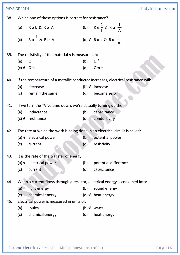 chapter 15 current electricity multiple choice questions physics 10th 06