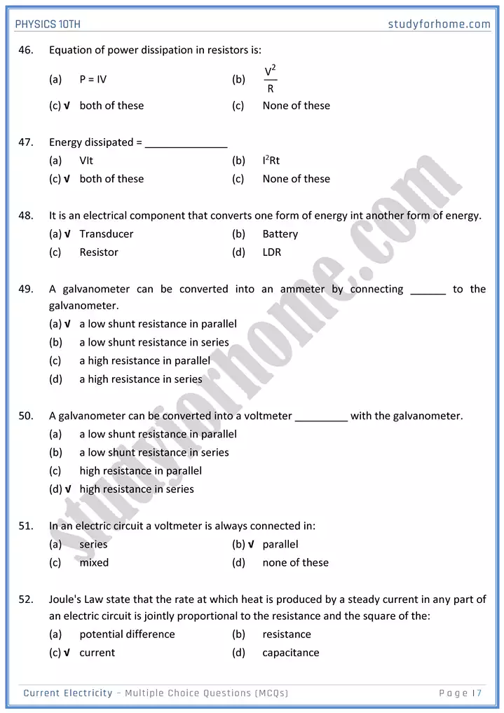 chapter 15 current electricity multiple choice questions physics 10th 07