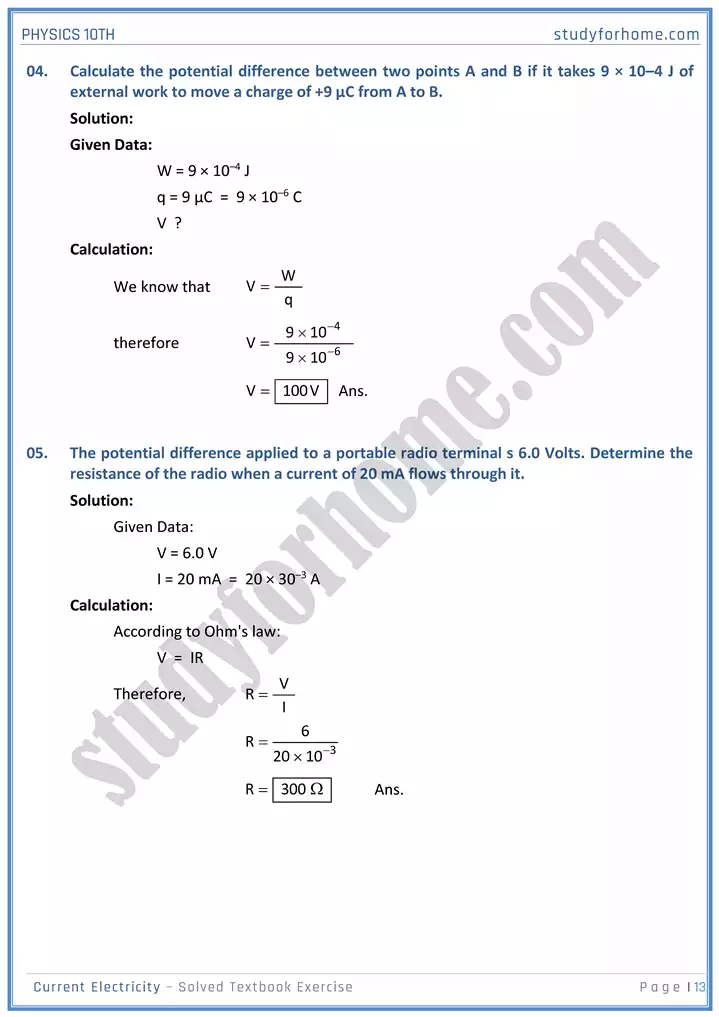 chapter 15 current electricity solution of textbook exercise physics 10th 13