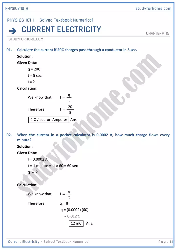 chapter 15 current electricity solved textbook numericals physics 10th 01