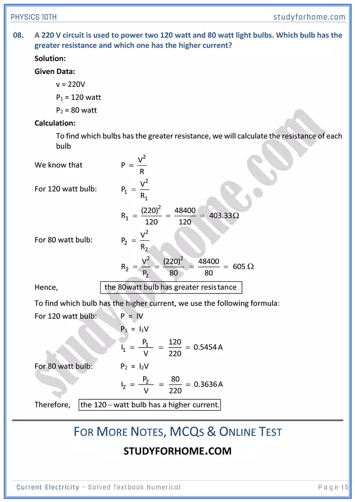 chapter 15 current electricity solved textbook numericals physics 10th 05