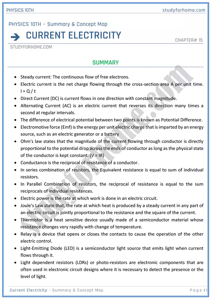 chapter 15 current electricity summary and concept map physics 10th 01