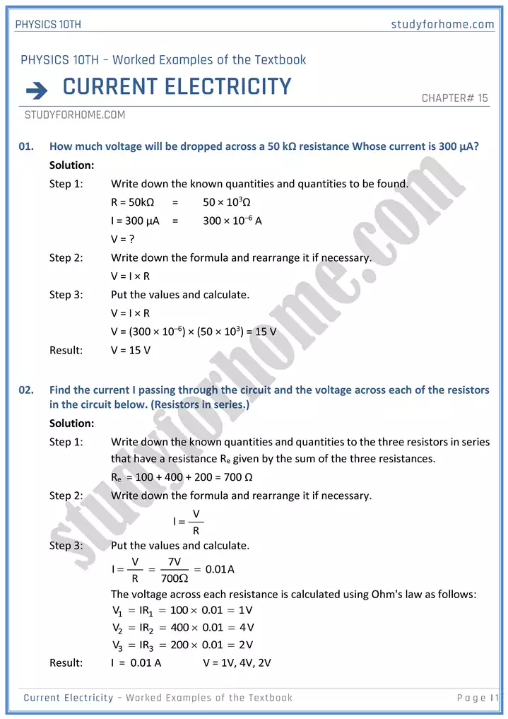 chapter 15 current electricity worked examples of the textbook physics 10th 01