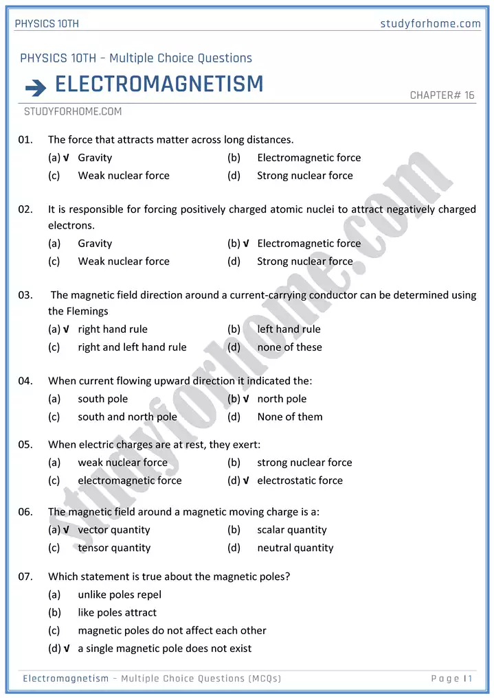 chapter-16-electromagnetism-multiple-choice-questions-physics-10th