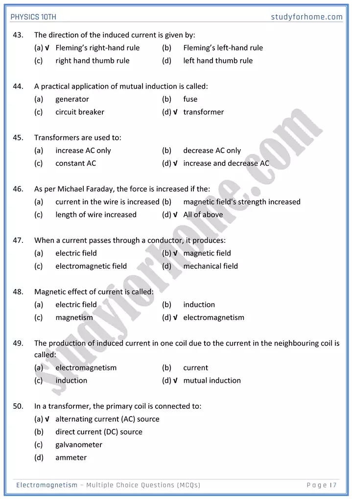 chapter 16 electromagnetism multiple choice questions physics 10th 07