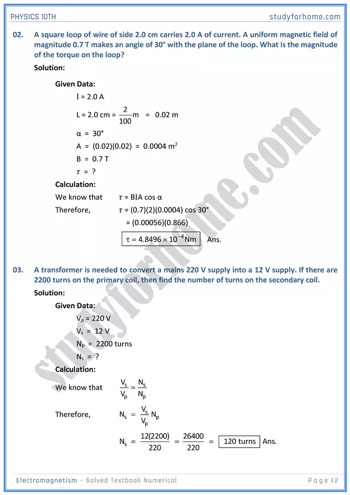 chapter 16 electromagnetism solved textbook numericals physics 10th 02