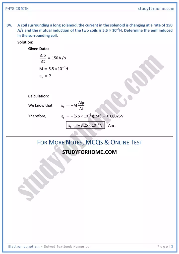 chapter 16 electromagnetism solved textbook numericals physics 10th 03