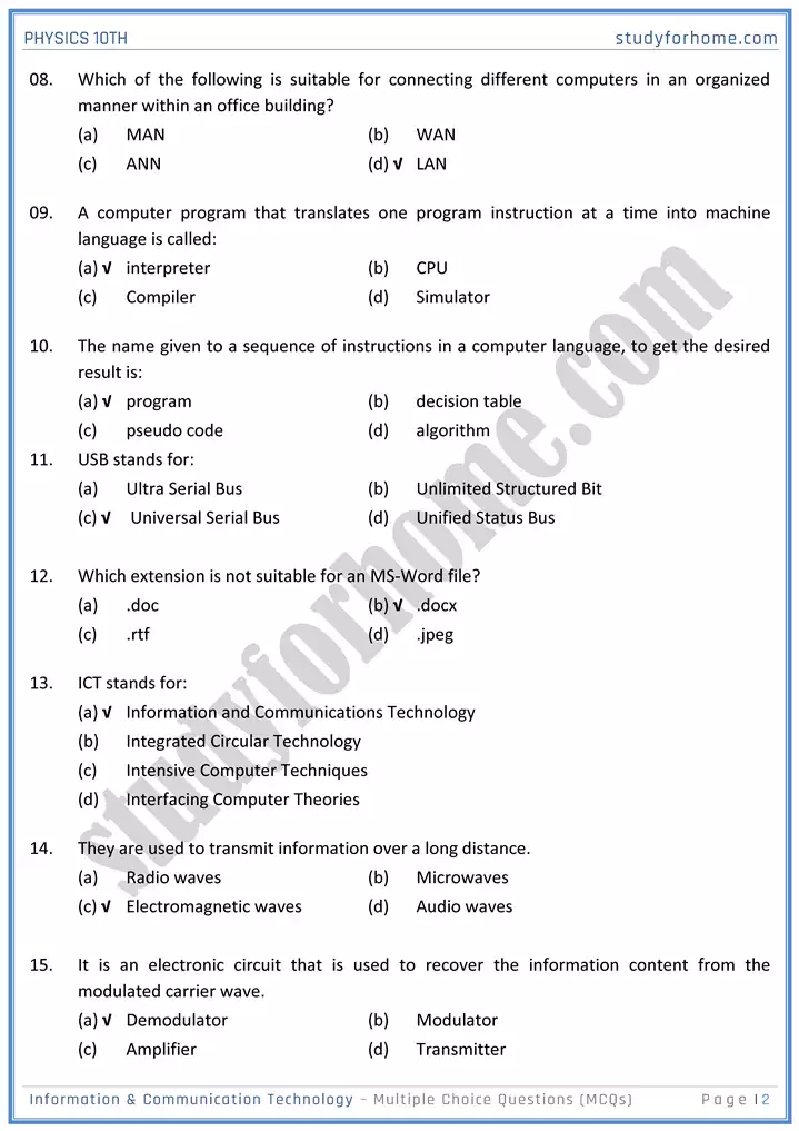 chapter 18 information and communication technology multiple choice questions physics 10th 02