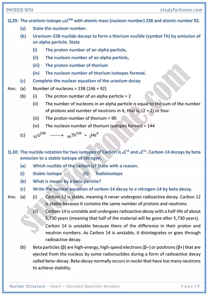 chapter 20 nuclear structure short and detailed question answers physics 10th 17