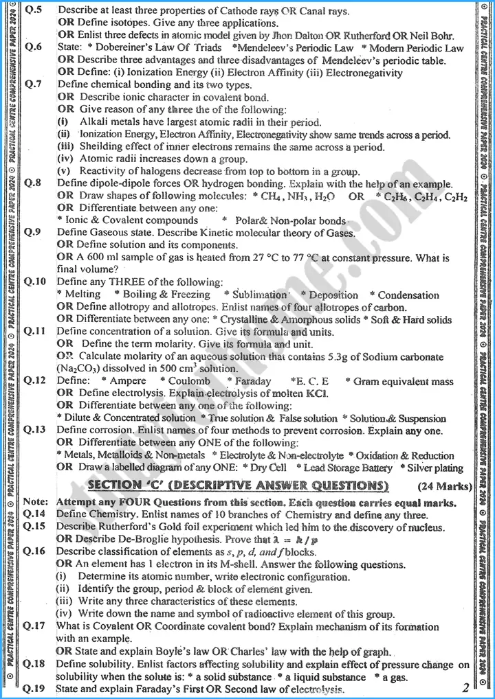 chemistry class 9th adamjee coaching guess papers year 2024 2