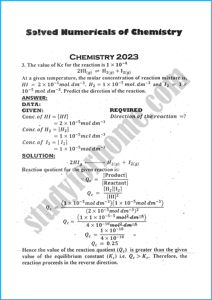 chemistry solved numericals past year paper 2023 1
