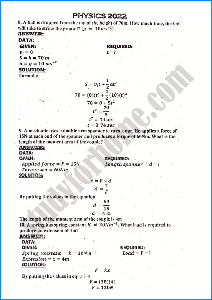 physics-solved-numericals-9th-past-year-paper-2022