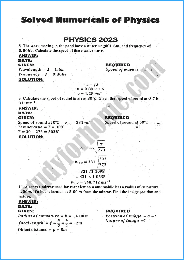 physics solved numericals past year paper 2023 1