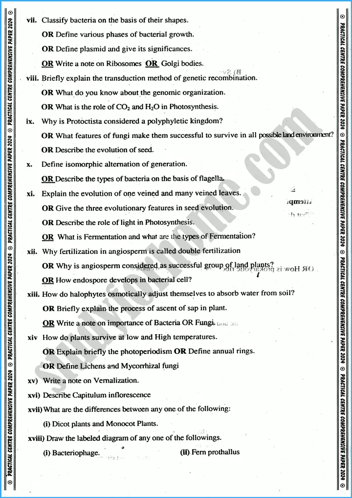 botany 11th practical centre guess paper 2024 science group 3