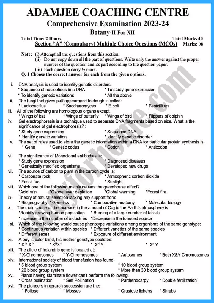 botany 12th adamjee coaching guess paper 2024 science group 1