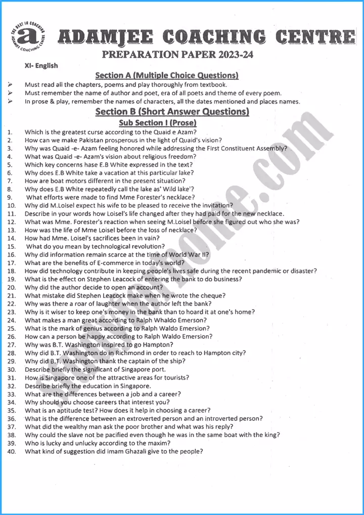 english 11th adamjee coaching centre guess paper 2024 science group 1