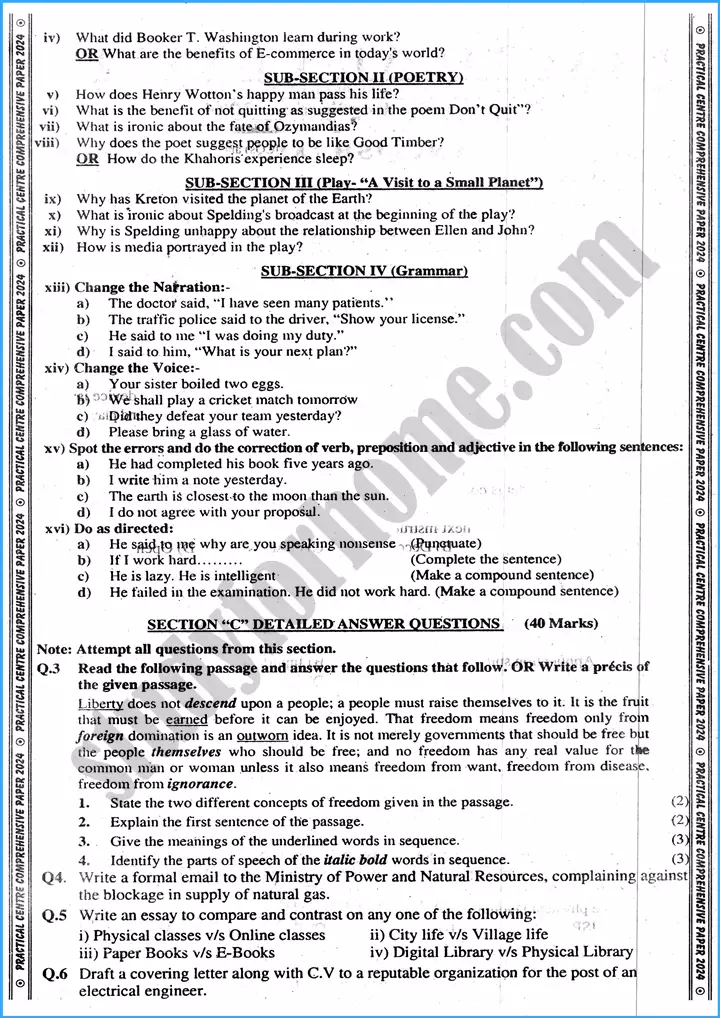 english 11th practical centre guess paper 2024 science group 2