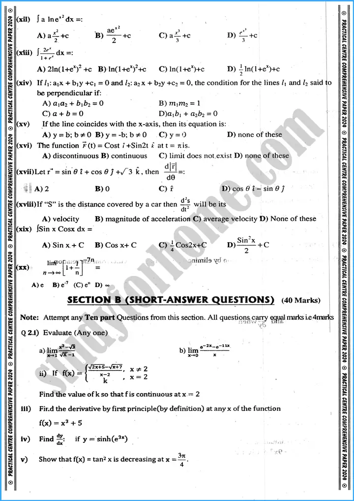 mathematics 12th practical centre guess paper 2024 science group 2