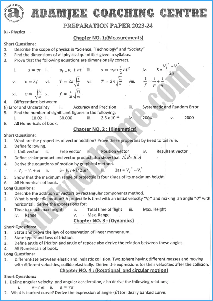 physics 11th adamjee coaching centre guess paper 2024 science group 1