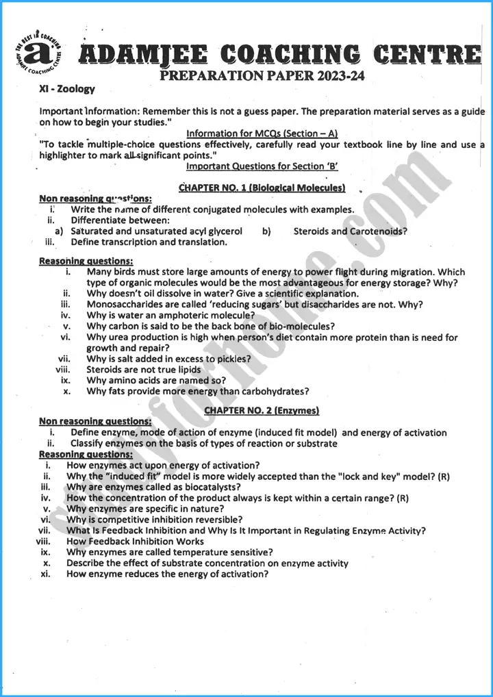 zoology 11th adamjee coaching centre guess paper 2024 science group 1