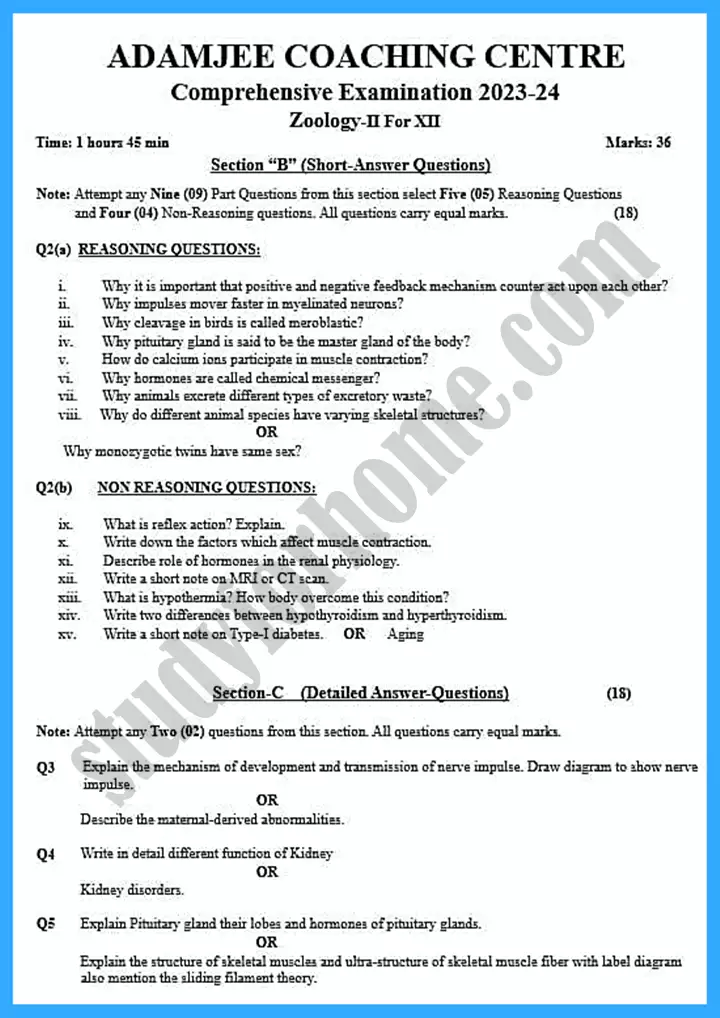 zoology 12th adamjee coaching guess paper 2024 science group 2
