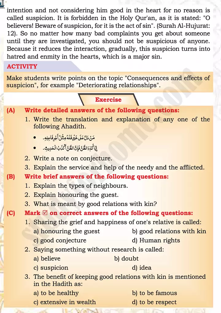 chap 2b translation and explanation ahadith islamiat 9th 23