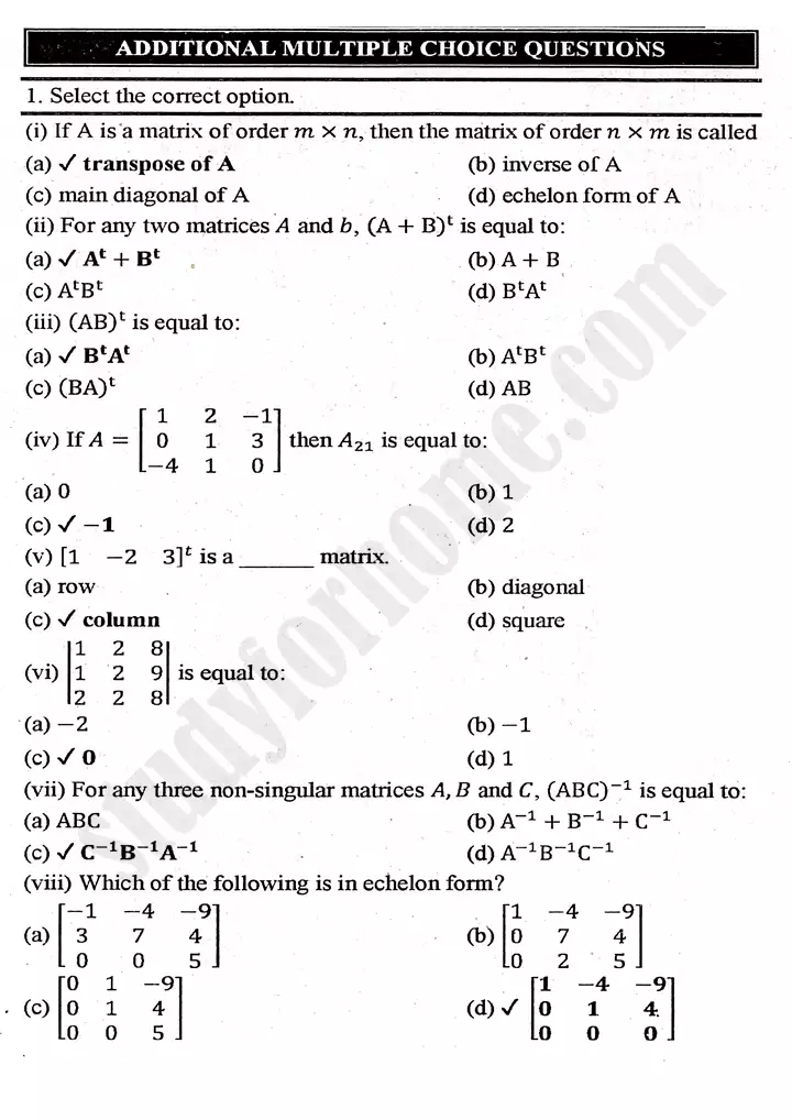 chapter 2 matrices and determinants multiple choice questions mathematics 11th 01