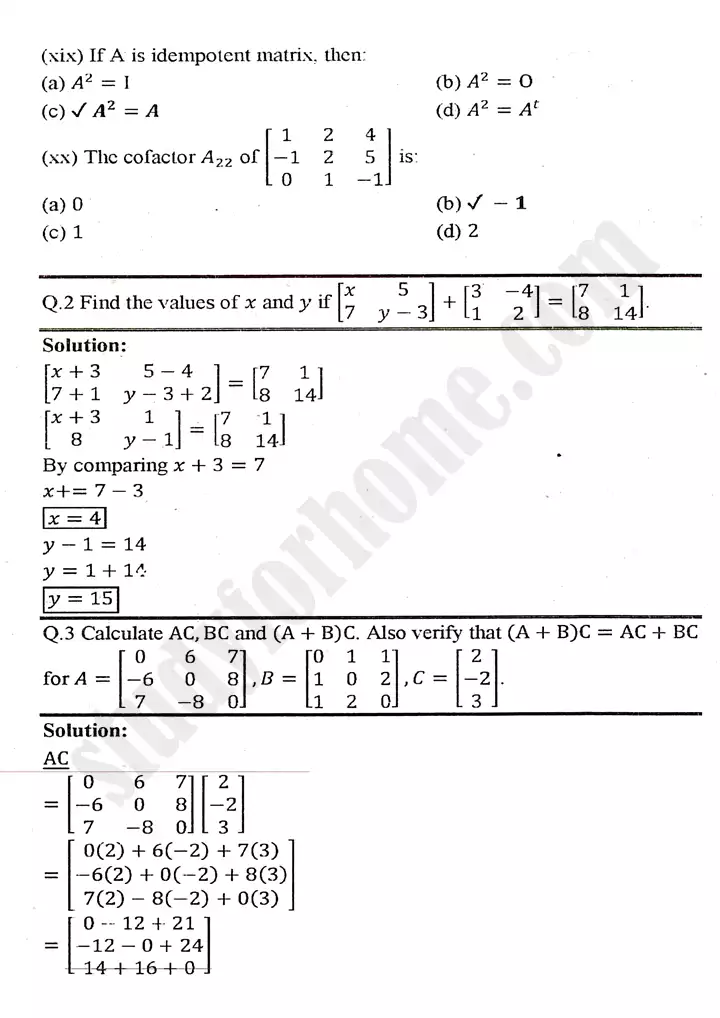 chapter 2 matrices and determinants review exercise 2 mathematics 11th 03