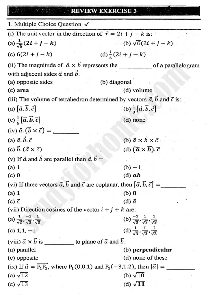 chapter 3 vectors review exercise 3 mathematics 11th 01