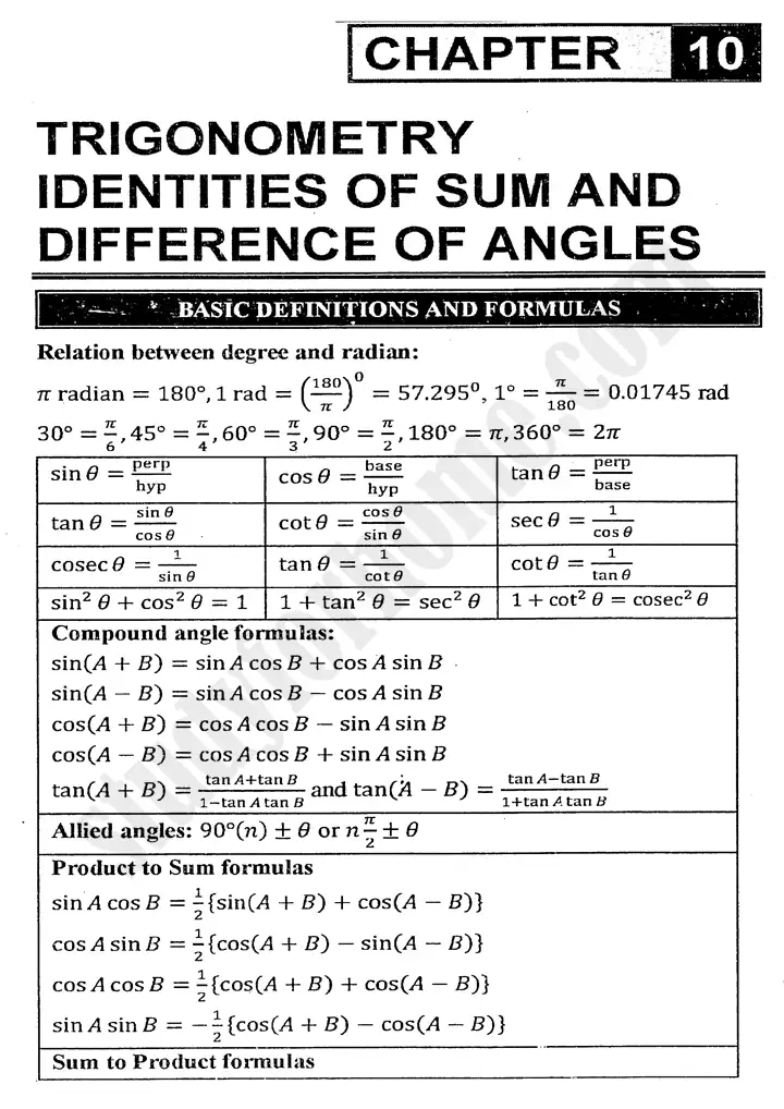 chapter 10 trigonometric identities of sum and difference of angles definitions and formulas mathematics 11th 01