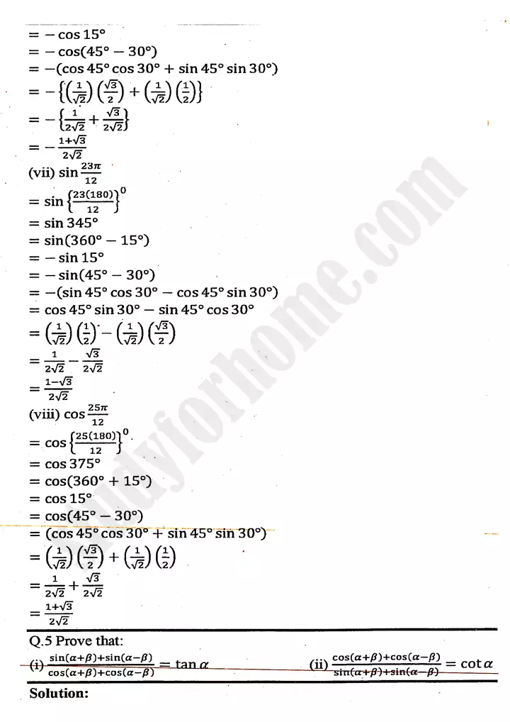 chapter 10 trigonometric identities of sum and difference of angles exercise 10 1 mathematics 11th 06