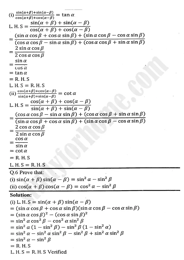 chapter 10 trigonometric identities of sum and difference of angles exercise 10 1 mathematics 11th 07