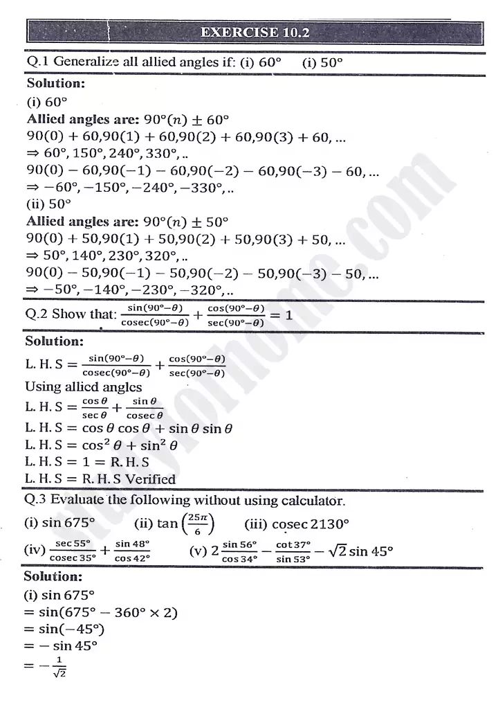 chapter 10 trigonometric identities of sum and difference of angles exercise 10 2 mathematics 11th 01