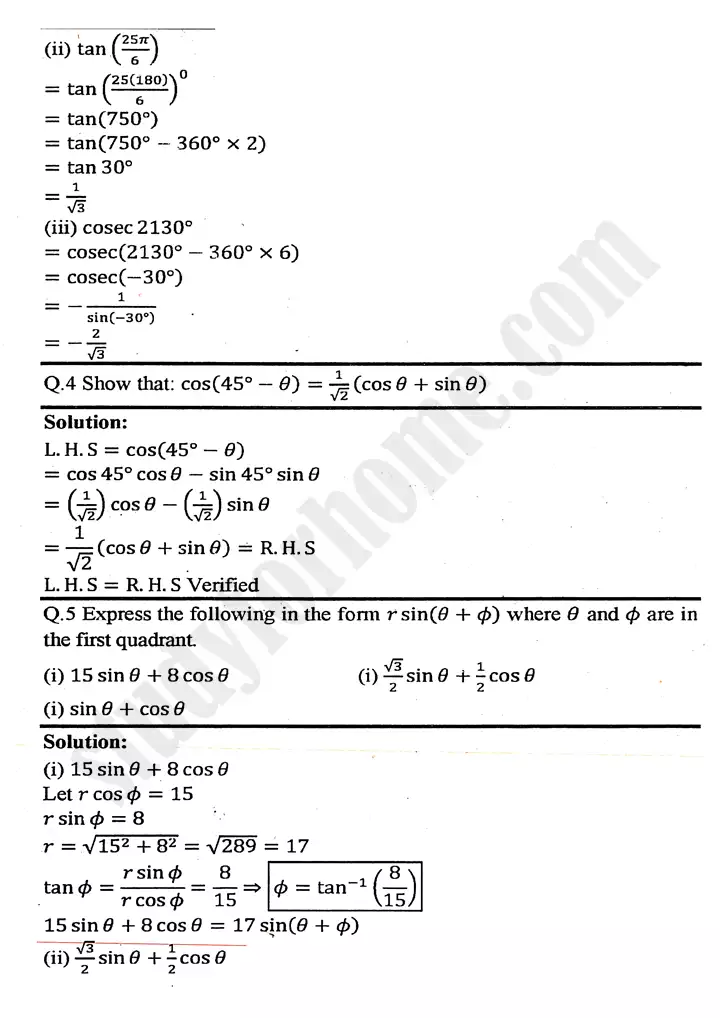 chapter 10 trigonometric identities of sum and difference of angles exercise 10 2 mathematics 11th 02