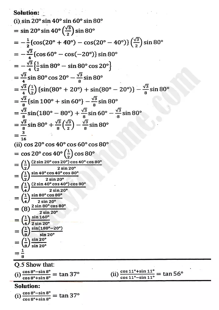 chapter 10 trigonometric identities of sum and difference of angles exercise 10 4 mathematics 11th 05