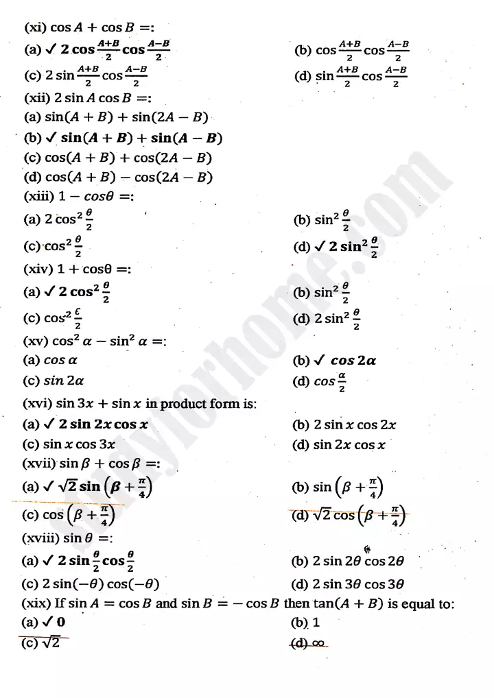 chapter 10 trigonometric identities of sum and difference of angles multiple choice questions mathematics 11th 02