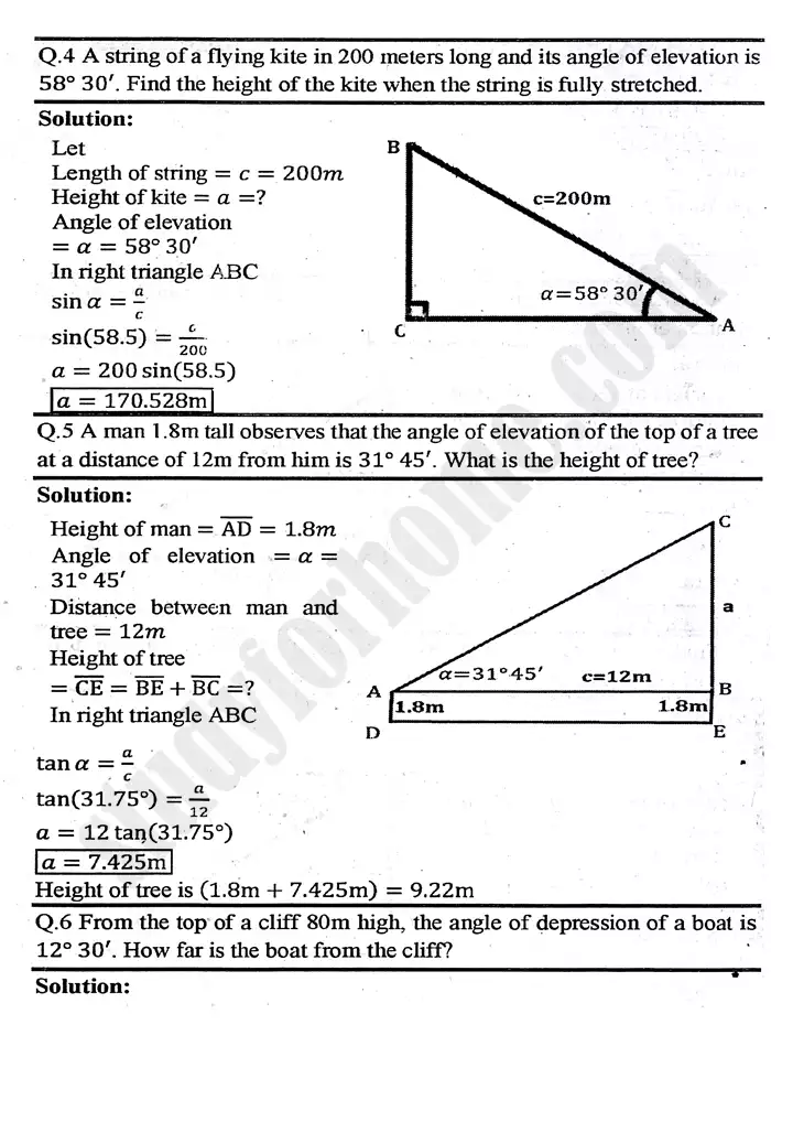 chapter 11 application of trigonometry exercise 11 1 mathematics 11th 05