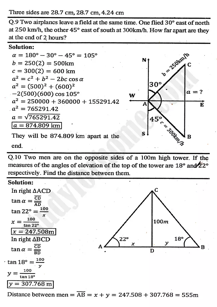 chapter 11 application of trigonometry review exercise 11 mathematics 11th 10