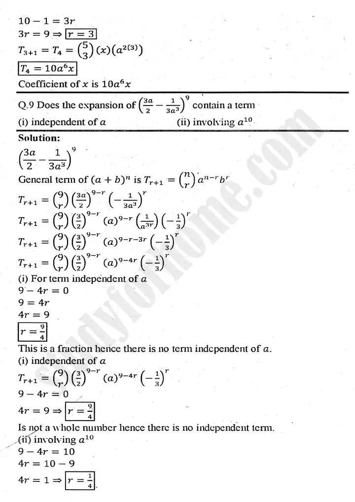 chapter 7 mathematical induction and binomial theorem exercise 7 2 mathematics 11th 11